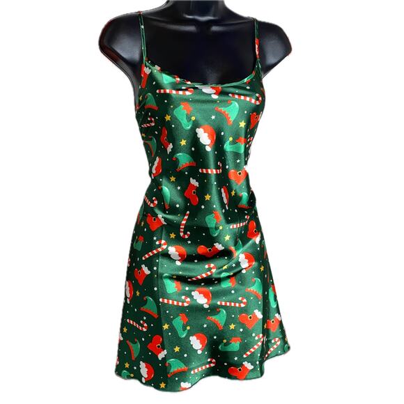 New Medium Christmas Print Green‎ Satin Silky Cami Nightgown Dress Sleep Festive - Picture 1 of 6
